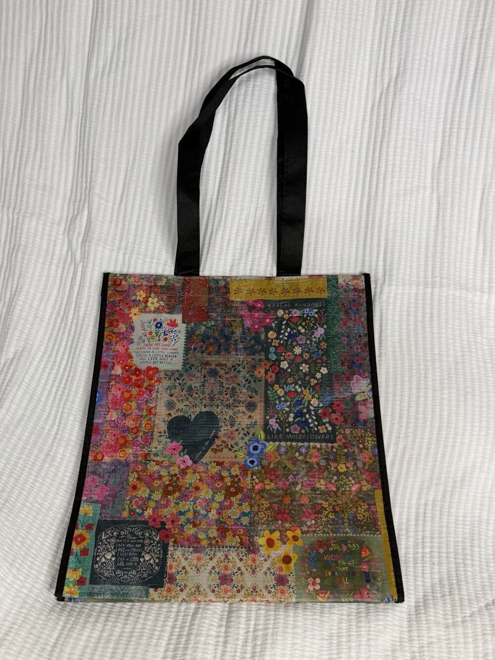 NW/OT Natural Life Reusable Tote Grocery Bag Flower Floral Large Happy Bag